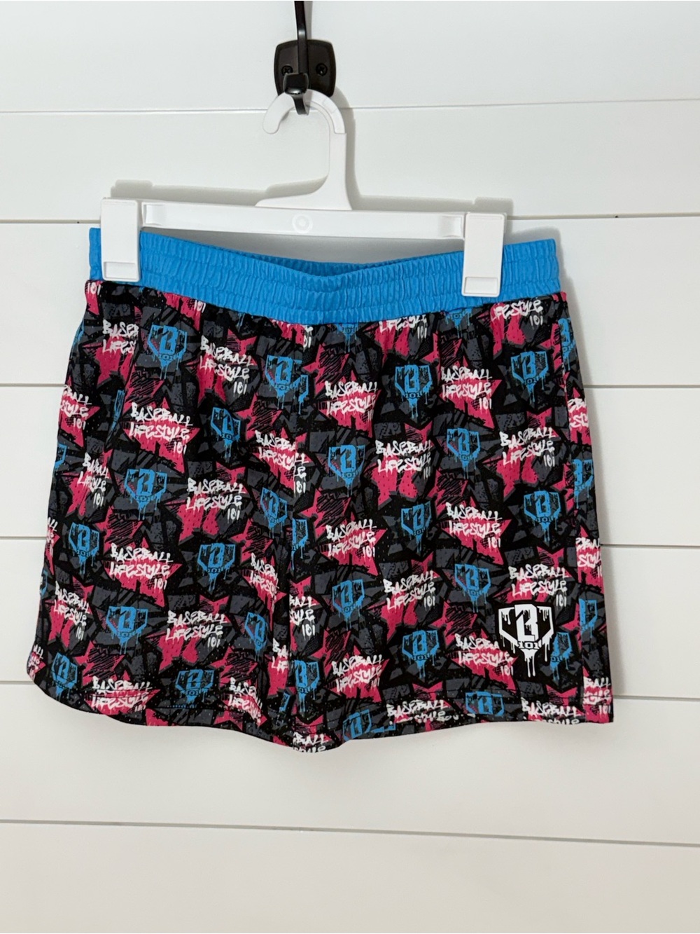 Active Shorts with Blue Waistband and Pink/Black Graphic Print - Picture 4 of 8